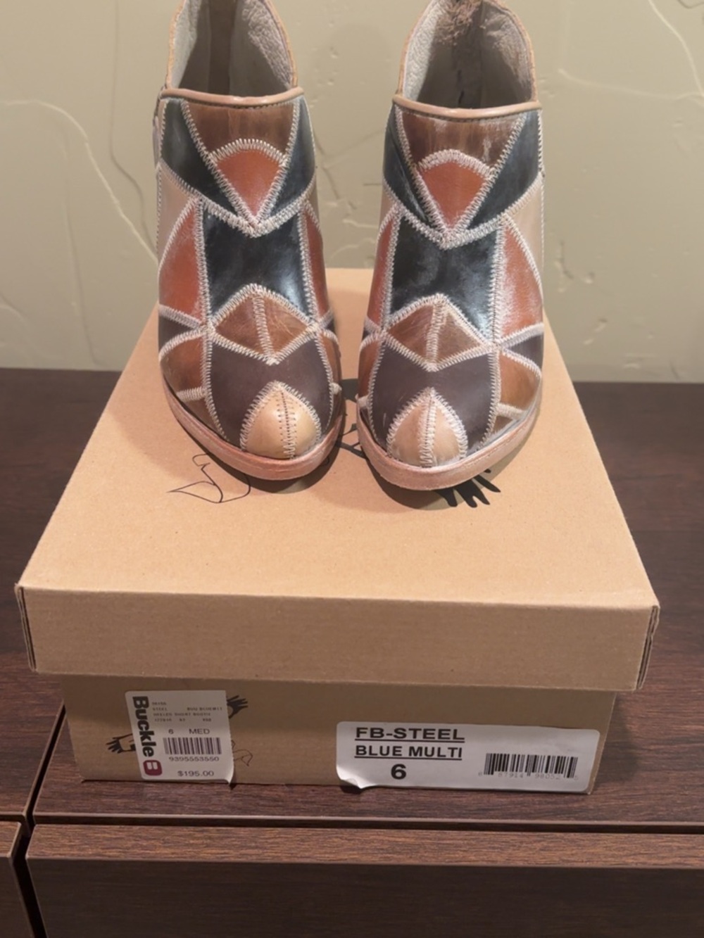 freebird Patchwork Leather Ankle Booties in Blue, Brown & Tan